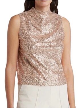 Sleeveless Champagne Pink Sequin Mock Neck Top